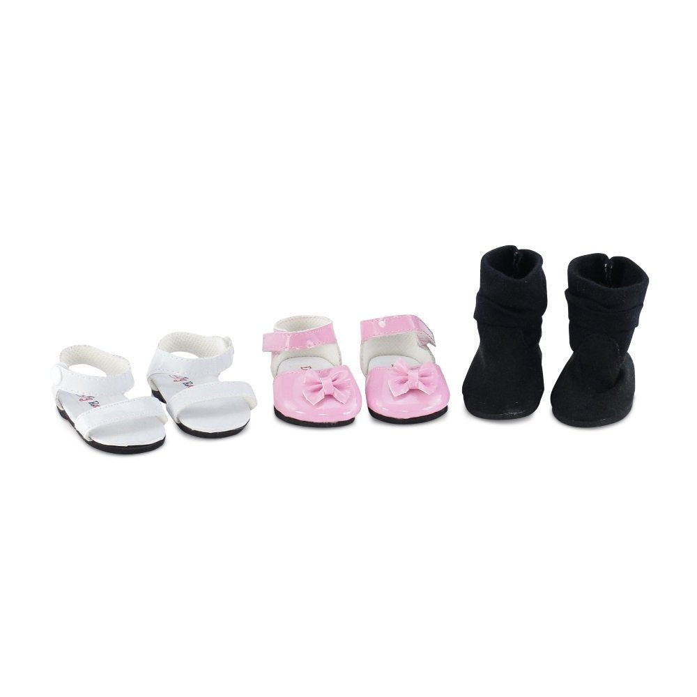 Emily Rose Doll Clothes - 3 Pack 18-Inch Doll Shoes Value Gift Set: Pink Shoes, White Sandals and Black Boots | Accessories Compatible with 18"