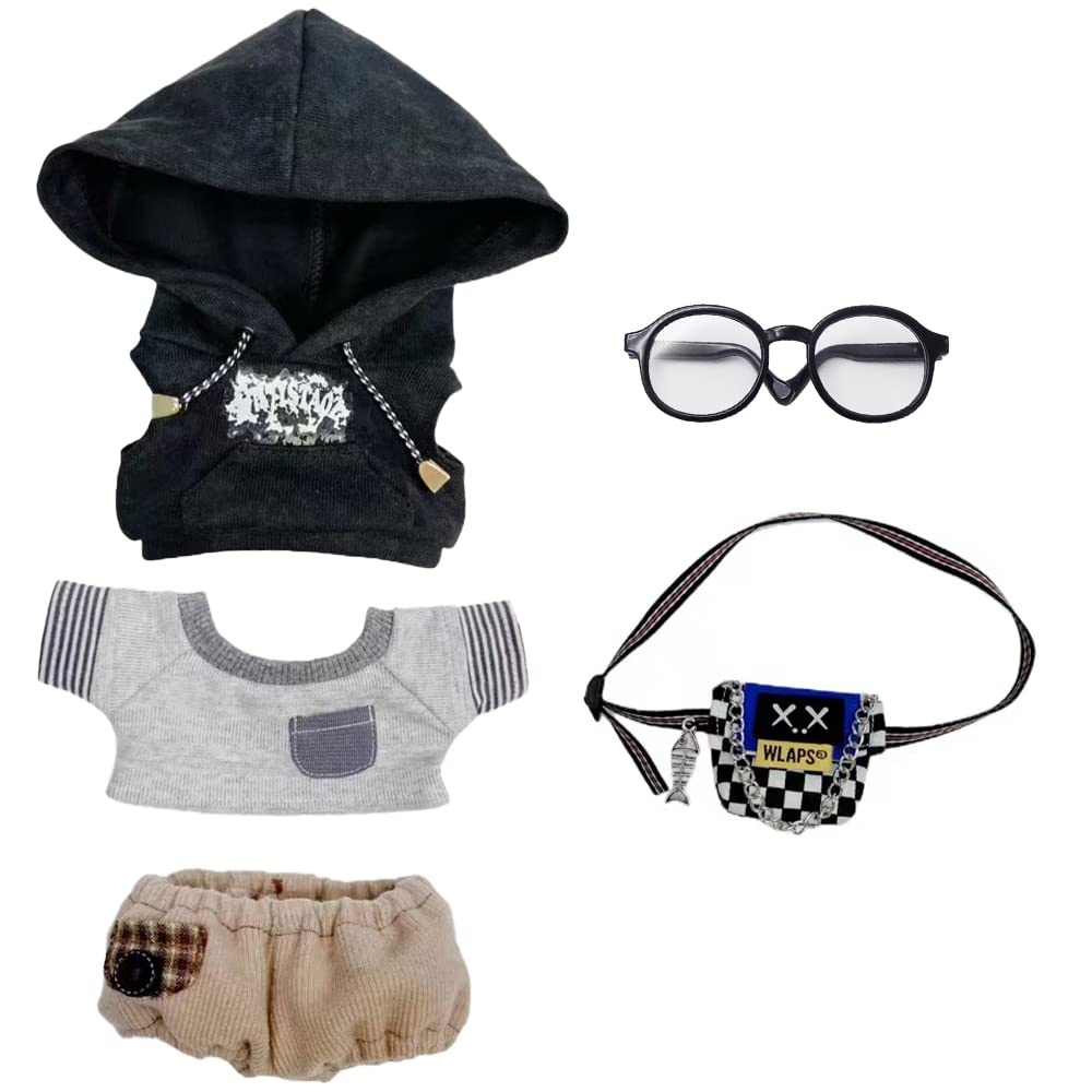 niannyyhouse 20cm Plush Doll Clothes Hoodie Jeans T-Shirt Glasses Backpack Soft Stuffed Plush Toy Dress Up Accessories (Black, 20cm)