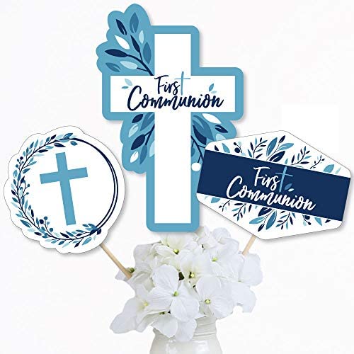 Big Dot of Happiness First Communion Blue Elegant Cross - Boy Religious Party Centerpiece Sticks - Table Toppers - Set of 15
