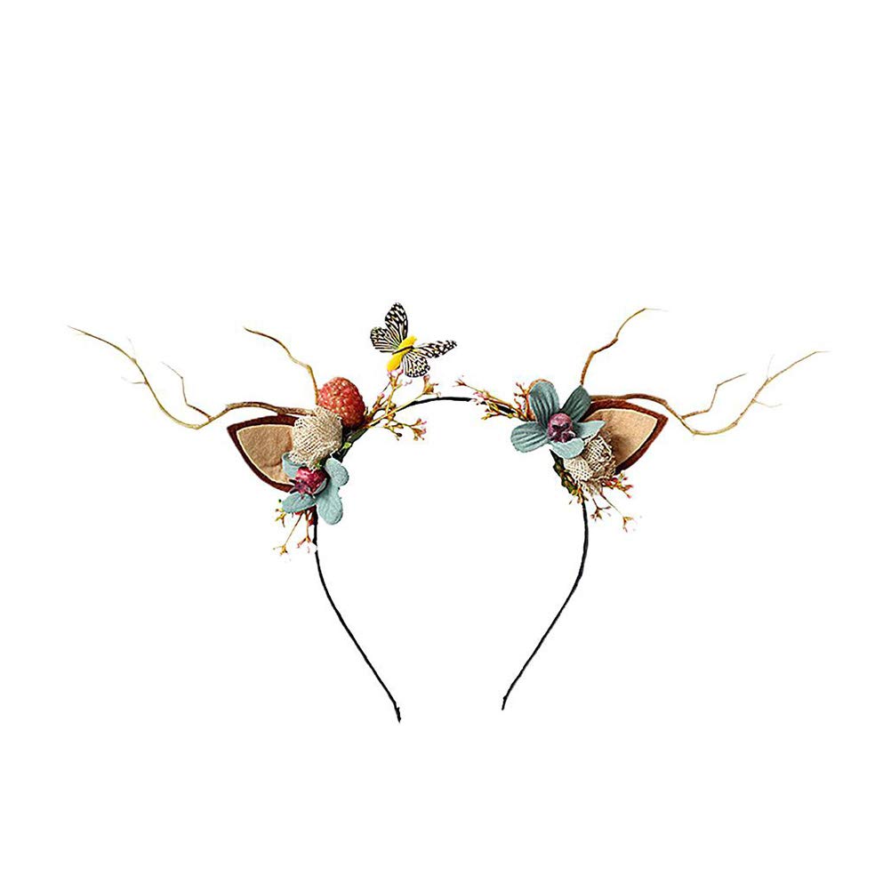 Lurrose 3pcs Reindeer Antlers Headband Christmas Hair Clip Floral Hair Hoop Butterfly Pine Cone Branch Headband for Xmas Holidays Party Cosplay Favors