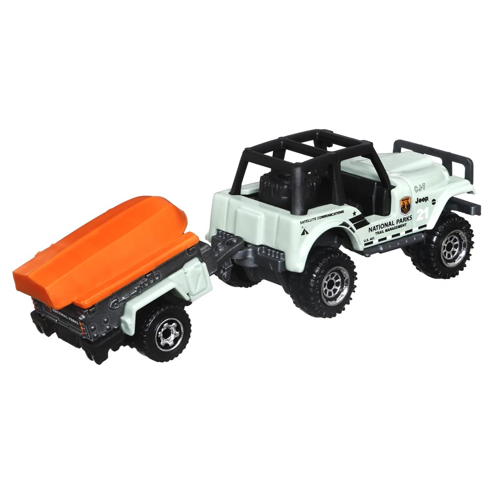 Matchbox Hitch & Haul Die-cast Vehicle Playset - Boating Bear Adventure ~ 6 Piece Set ~ Car CJ7 ~ Includes Trailer Trawler with Boat, Hiker, Bear