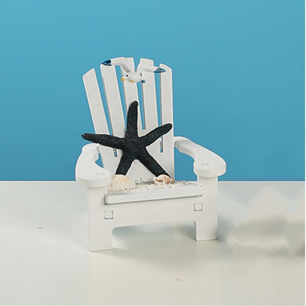 Beach-Themed White Miniature Beach Chair - Nautical Starfish and Seagull Design, Solid Wood Mediterranean Style Dollhouse Decoration, Creative DIY