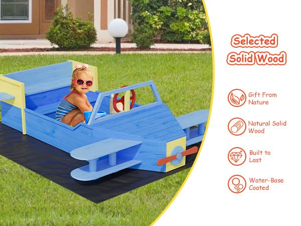 Wooden Sandbox, Outdoor Sand Box Bottom Liner, Adjustable Height & Rotatable Canopy for Ages 3-8, Spacious Kids Sand Pit for Beach, Patio, Backyard