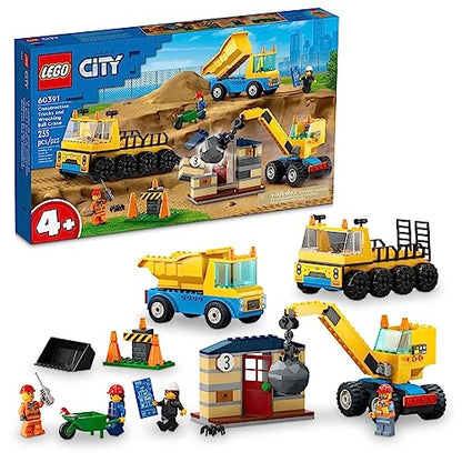 LEGO City Construction Trucks and Wrecking Ball Crane 60391 Building Toy Set for Toddler Kids Ages 4+, Includes 3 Construction Vehicles, an Abandoned