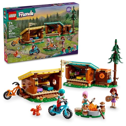 LEGO Friends Adventure Camp Cozy Cabins Camping Toy, Kids’ Nature Playset, Pretend Play Toy with 3 Mini Doll Characters and a Fox Figure, Birthday