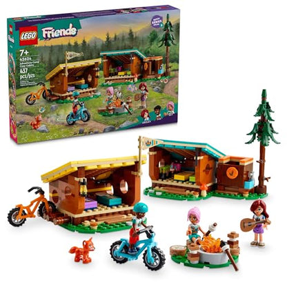 LEGO Friends Adventure Camp Cozy Cabins Camping Toy, Kids’ Nature Playset, Pretend Play Toy with 3 Mini Doll Characters and a Fox Figure, Birthday