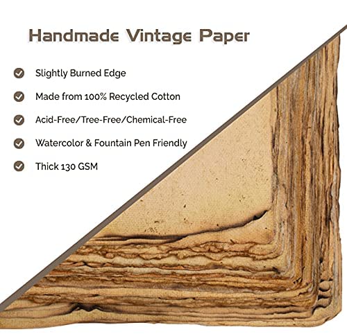 Wanderings Handmade Vintage Deckle Edge Blank Paper with Slightly Burned Edge - 5.8" x 8.3" (A5) - Package of 50 Recycled Paper for Writers