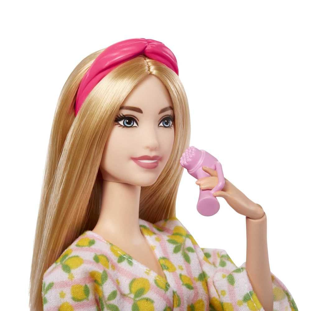 Barbie Doll, Kids Toys, Blonde Doll with Pet Puppy, Barbie Sets, Spa Day, Lemon Print Bathrobe, Headband and Eye Mask, Self-Care Series