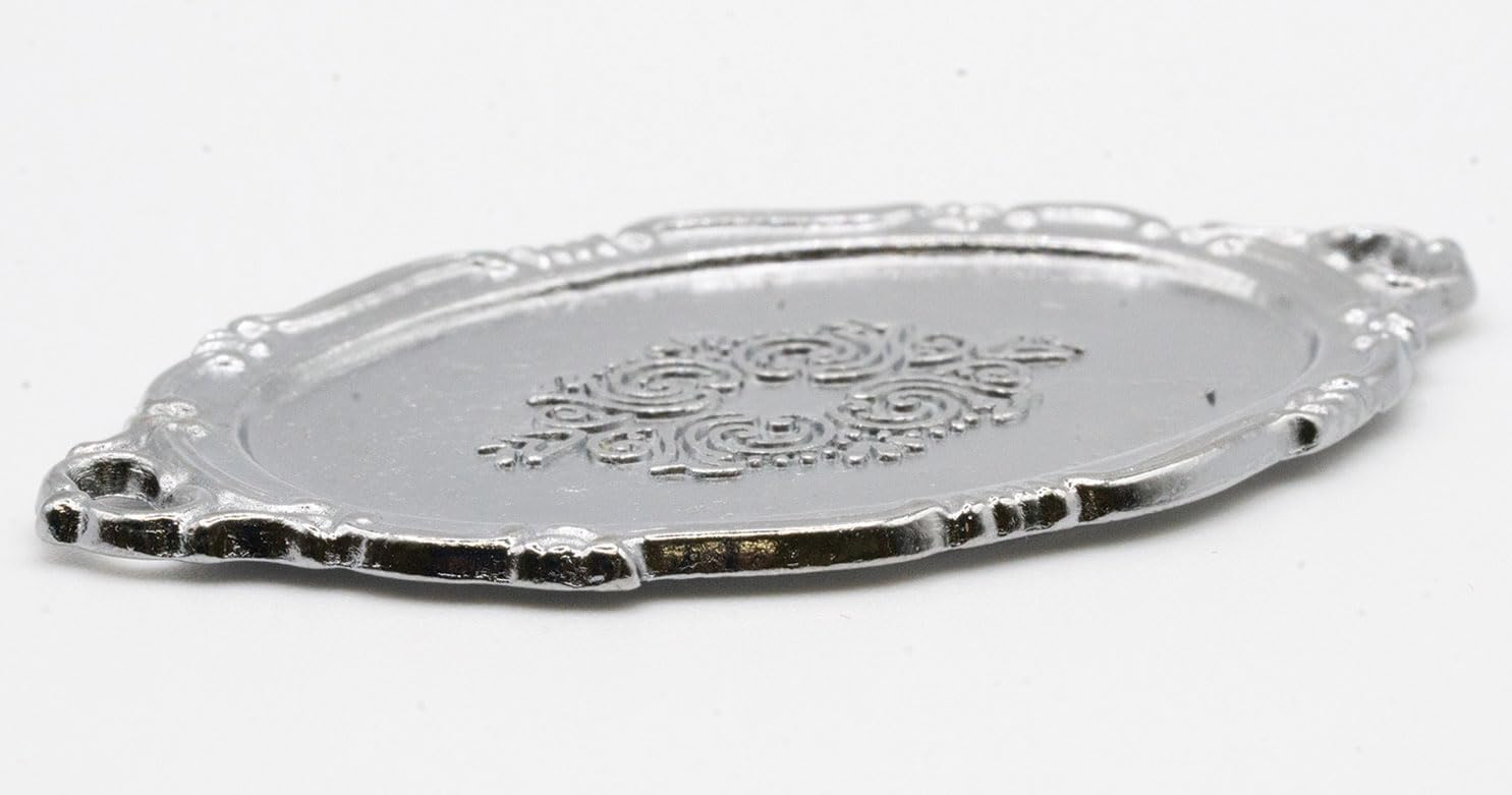 Dollhouse Miniature Silver Oval Serving Platter with Two Handles - Empty