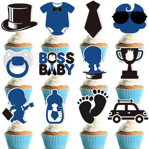 24pcs Baby Boy Cake Topper Baby Shower Cake Decorations Boss Party Decorations Boys Gender Reveal Party Decorations Birthday Party Supplies