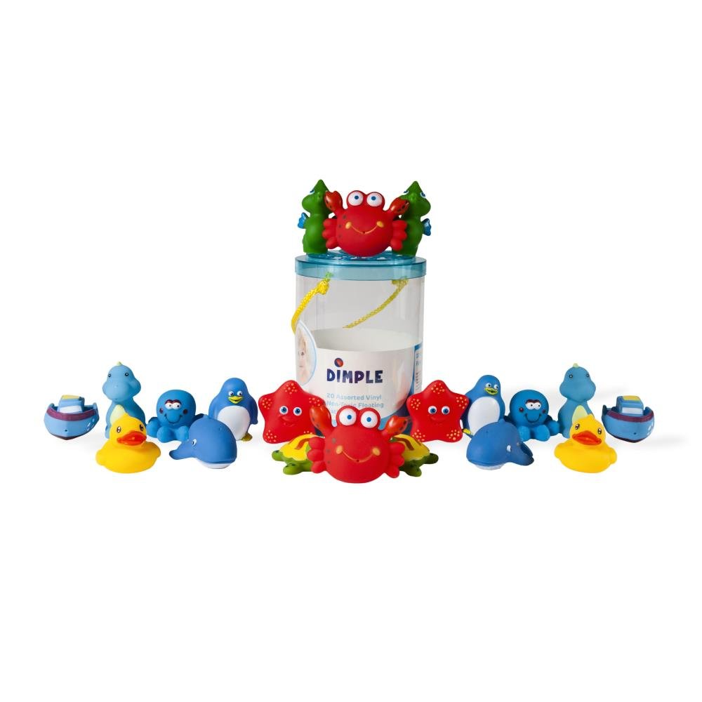 Dimple Bath Toys Set of 20 Vinyl Non-Toxic Floating Ocean Sea Animal Bathtub Toy, Assorted Colors and Shapes, Squeeze to Spray! Tons of Fun, Great