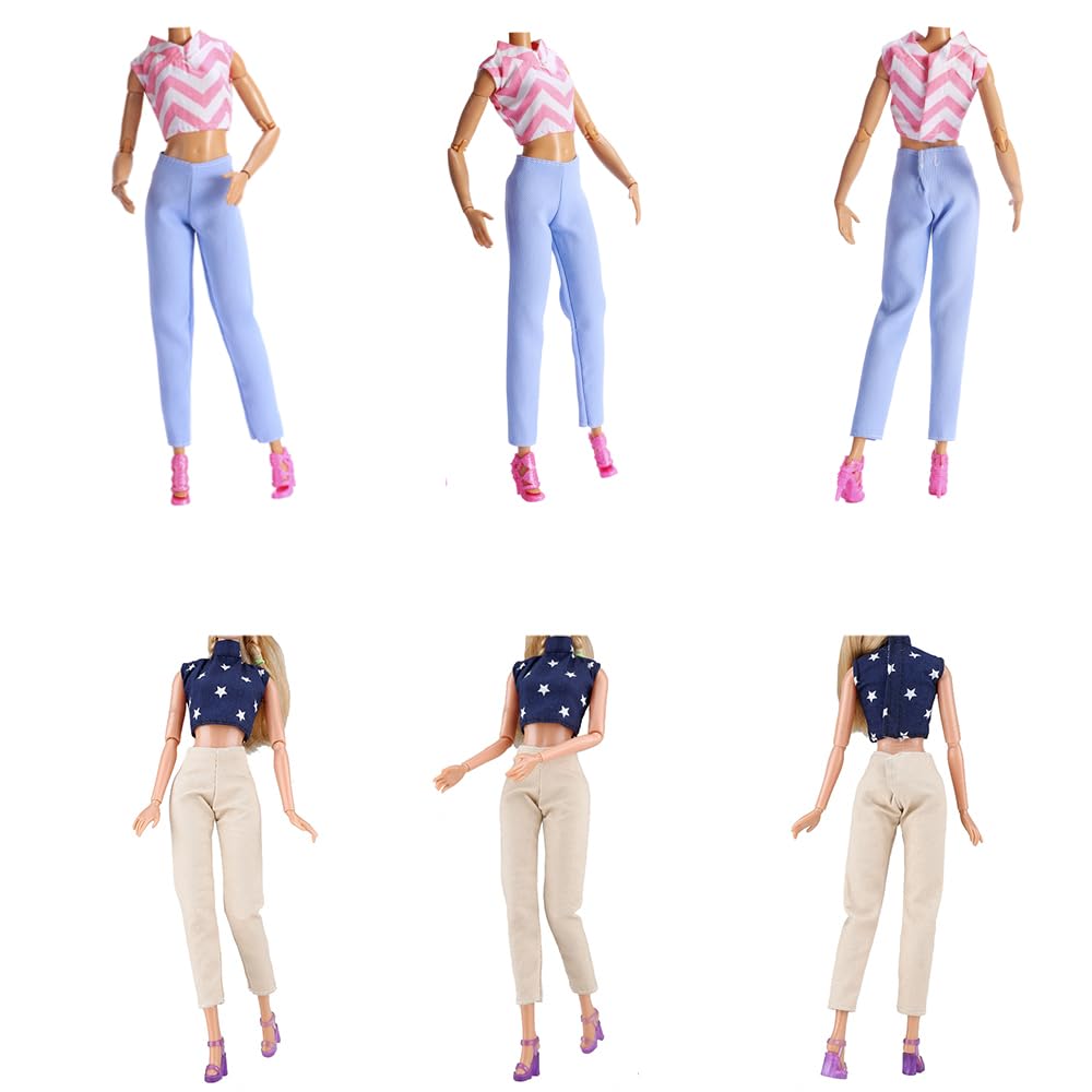 E-TING Lot 10 Items = Random Style 5 Sets Doll Clothes Casual Wear Outfit Tops + Pants with 5 Pair Shoes Accessories for 11.5 Inch Doll