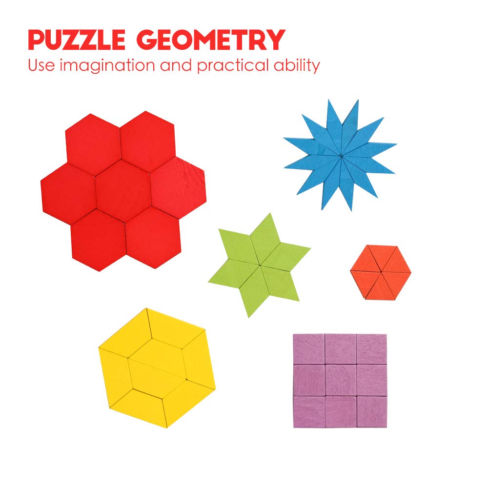 JCREN Wooden Pattern Blocks Montessori Toys Shape Puzzles Kindergarten Classic Educational Tangram Geometric Brain Teaser Toys Best STEM for Kids Ages