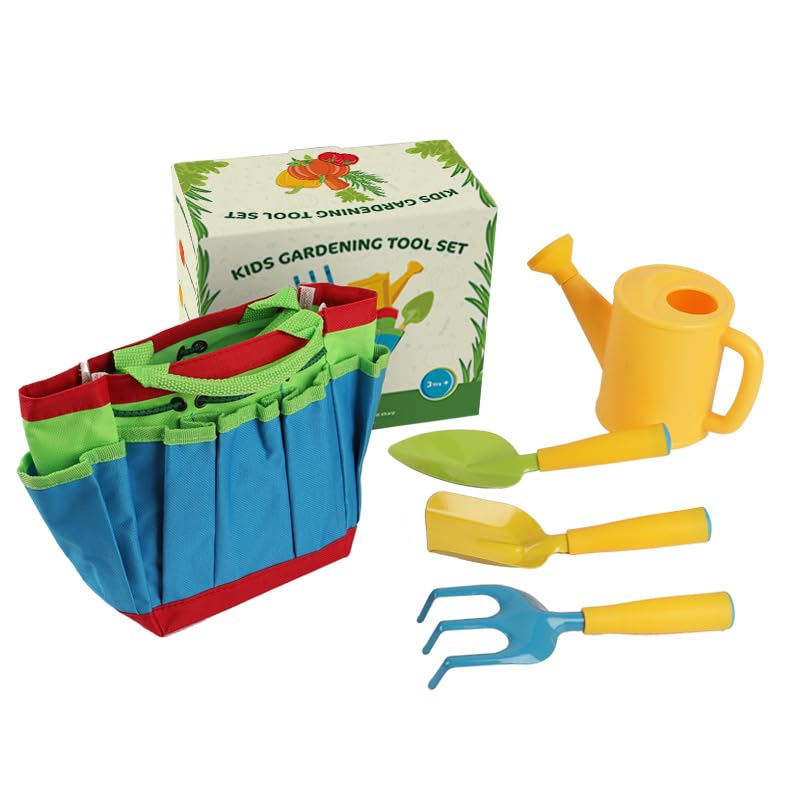 Kids Garden Tool Set with Trowel, Shovel, Rake, Watering Can & Tote Bag Kit