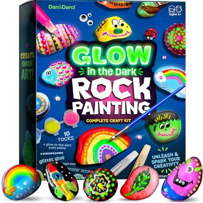 Dan&Darci Kids Rock Painting Kit - Glow in The Dark - Gifts Arts & Crafts for Boys and Girls Ages 6-12 - Craft Activities Kits - Creative Art Toys