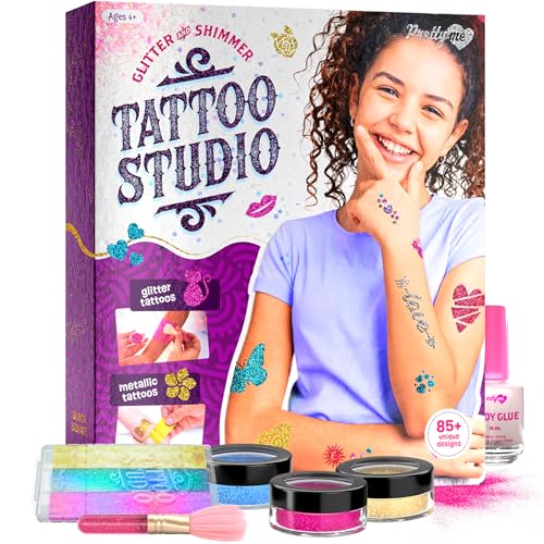 Pretty Me Glitter Tattoo Kit for Kids - Glitter & Metallic Fake Tattoos for Girls - Birthday Gift Ideas for Girl - Temporary Tattoo Set - Craft Kits