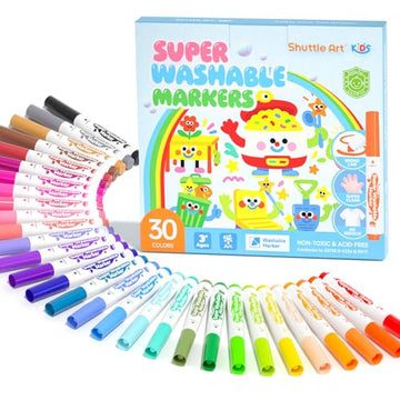 Shuttle Art Super Washable Markers, 30 Colors Broad Line Conical Tip Markers for Kids, Ultra Clean Coloring Book Marker Set, Home Classroom School