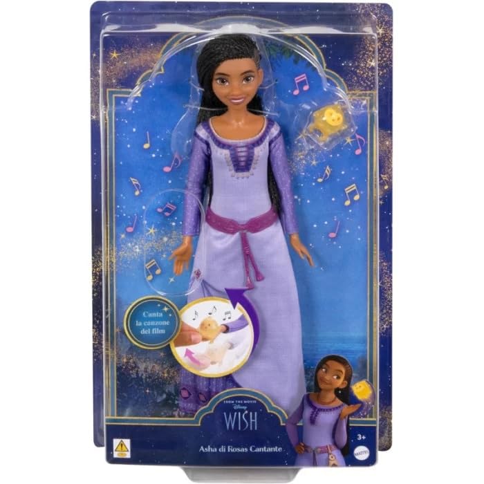 Mattel Disney Wish Asha by Rosas Singer Doll with Removable Outfit and Star Character Included Sings The Song from Wish Movie in Italian - Kids Toy 3+