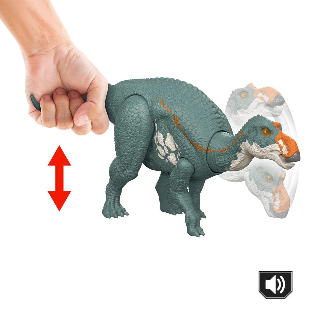 Mattel Jurassic World Rebirth Wild Roar Maiasaura Dinosaur Toy with Tail-Controlled Chomp Multi-Direction Attack & Sound, Posable & Digital Play