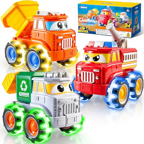 Vroomix JOVA GlowRover 3 Pack Monster Truck Toys, City Utility Cars with Flashing LED Light Up Wheels, Push and Go Cars for Toddlers Boys Girls Age 2