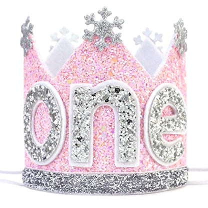 Agkvw Winter Onederland Crown - Snowflake Glitter Hat for Baby Girl's 1st Birthday, Pink and Silver Decorations