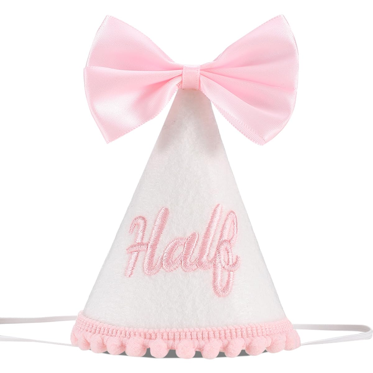 Kaniwati Pink Bow Half Birthday Hat,Bow Girl 1/2 Birthday Hat,Half Decorations for Girls,White and Pink Embroidery (CXMZ-HALF-HDJ)