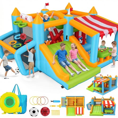 Whubefy Bounce House for Kids 3-10, 10-in-1 Bounce Castle for Backyard, Bouncy House with Slides, Market Stand, Jumping Area, Obstacle Courses & Ball