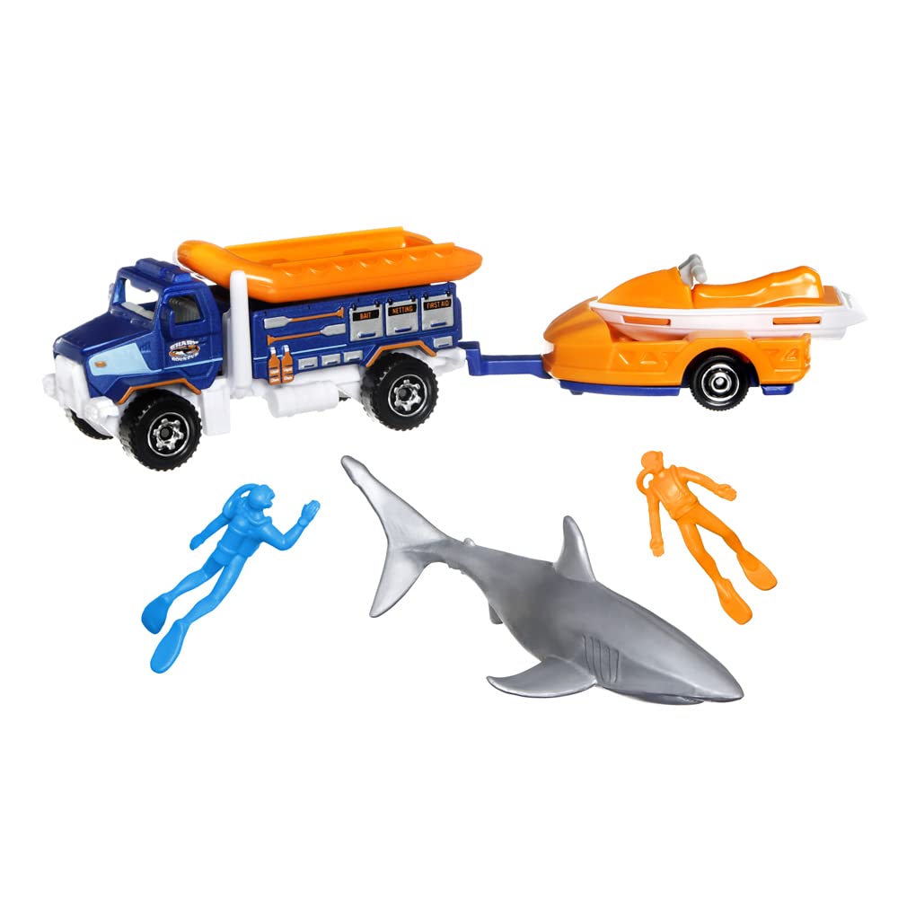 Matchbox Hitch & Haul Die-cast Vehicle Playset - Deep Sea Diver Shark Attack Rescue ~ 7 Piece Set ~ Rapids Rescue Truck with Detachable Raft Pulls
