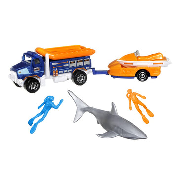 Matchbox Hitch & Haul Die-cast Vehicle Playset - Deep Sea Diver Shark Attack Rescue ~ 7 Piece Set ~ Rapids Rescue Truck with Detachable Raft Pulls