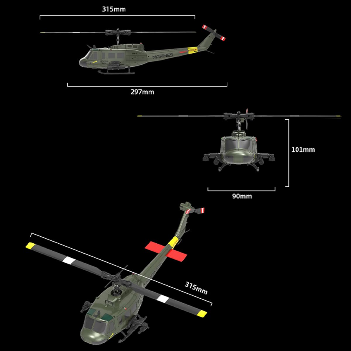 C032 UH-1 Huey RC Helicopter for Adults, 1/48 Scale 2.4G 6CH Flybarless Remote Control Military Helicopter, 3D Stunt Flight & High-Precision RC