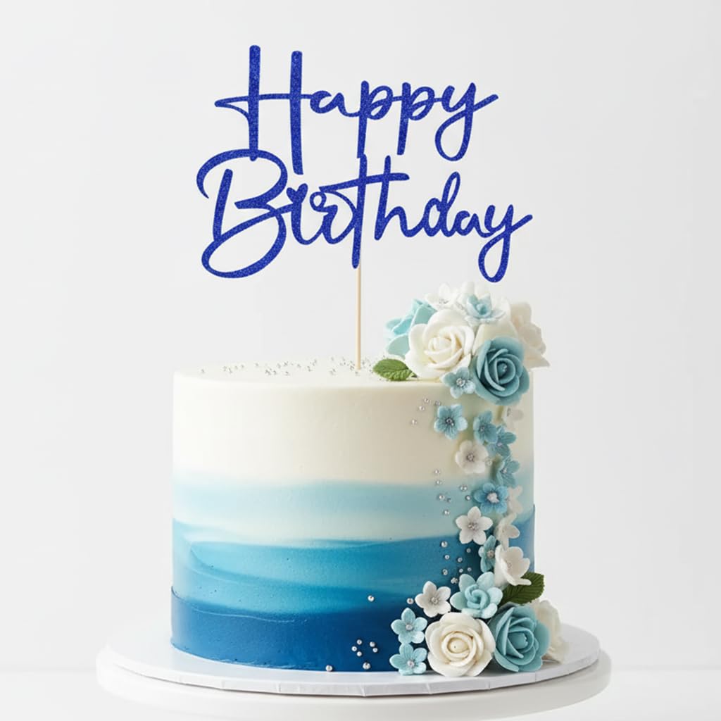 Sleyberoy Glitter Happy Birthday Cake Topper-Handmade Happy Birthday Cake Decor?Anniversary/Birthday Party?Photo Booth Props Decoratio (dark blue-1)