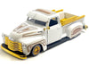 1950 Chevy 3100 Pickup Truck Lowrider White with Graphics and Gold Wheels Lowriders Series 1/25 Diecast Model Car 32545WH
