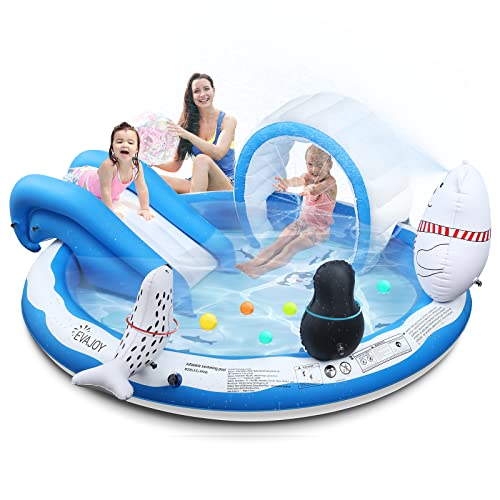 Inflatable Play Center, EVAJOY Kiddie Pool with Slide for Children, Sprinkler, Ice & Snow Theme with Inflatable Dolls, Easy Setup for Garden