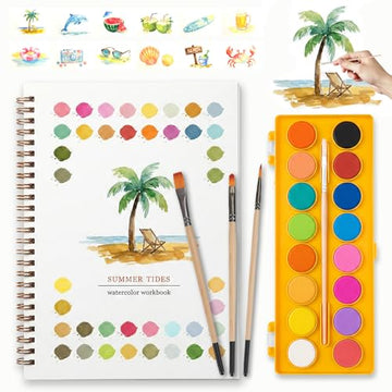 EIOLUIK Watercolor Painting Kit for Adults & Beginners: Includes Summer Beach watercolor Workbook, 16 assorted colors, 3 Brushes (with Perforated