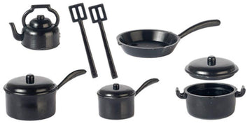 Town Square Miniatures Dolls House Miniature Kitchen Accessory Black Saucepan Pan Set 1:12 Cookware