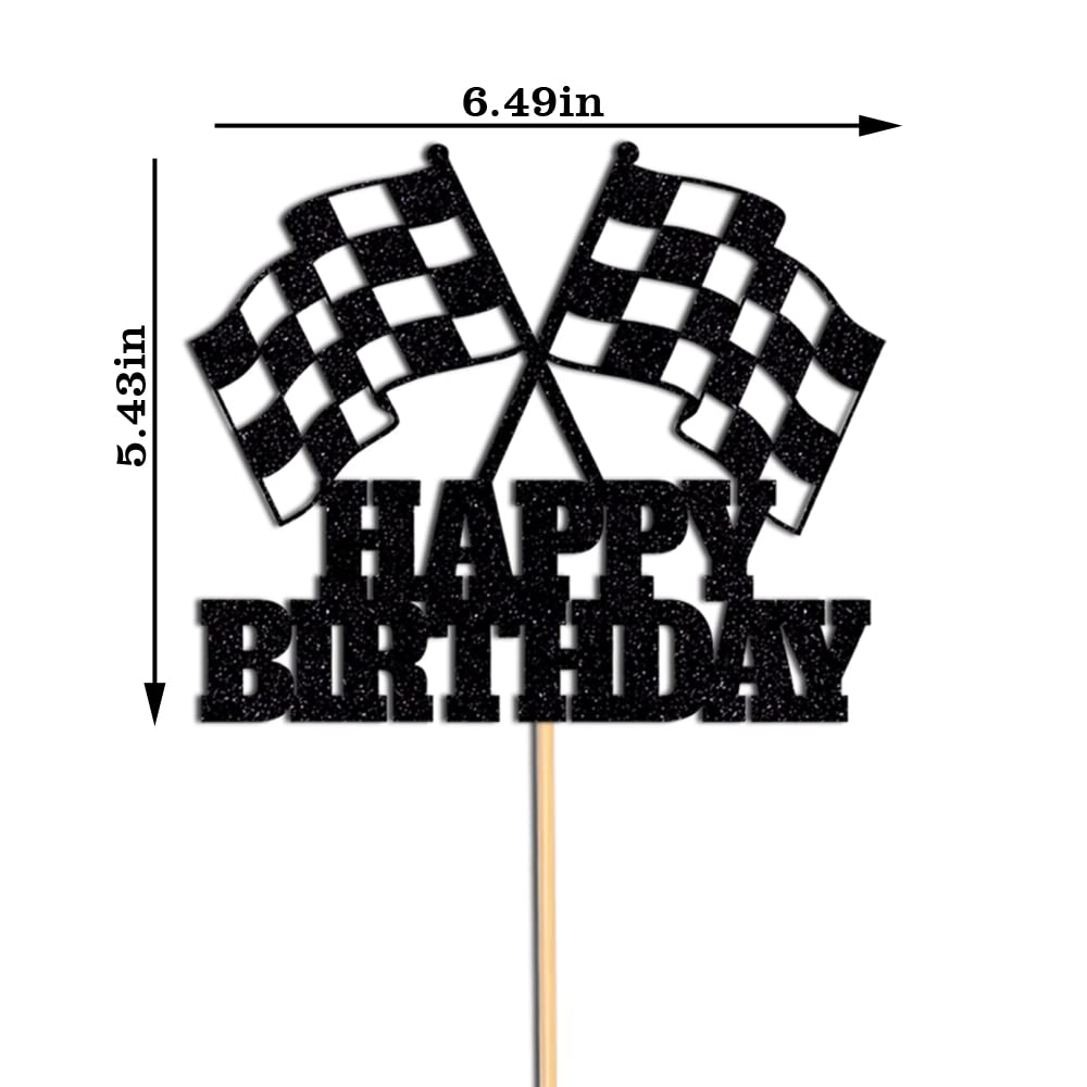 Race Car Cake Topper - Checkered Flag, Glitter, Happy Birthday Theme Cake Decor