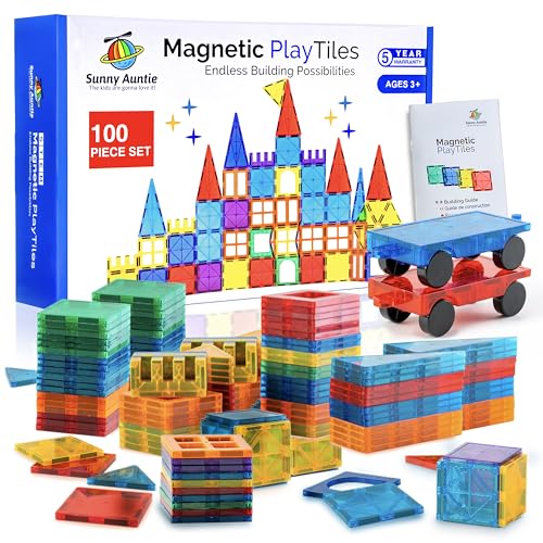 SUNNY AUNTIE Magnetic Tiles 100 PCS with 2 Cars - Magnetic Building Tiles STEM Toy for Kids Ages 3-8, Magnet Construction Set for Boys & Girls