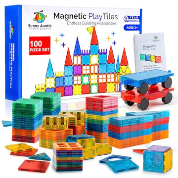 SUNNY AUNTIE Magnetic Tiles 100 PCS with 2 Cars - Magnetic Building Tiles STEM Toy for Kids Ages 3-8, Magnet Construction Set for Boys & Girls