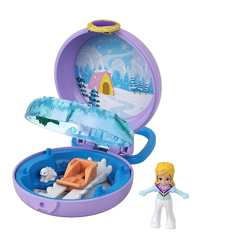 Polly Pocket Polly Snow Cabin Compact with Removable Snowmobile, Bunny Figure, Photo Customization, Micro Polly Doll & Sticker Sheet; for Ages 4 Years
