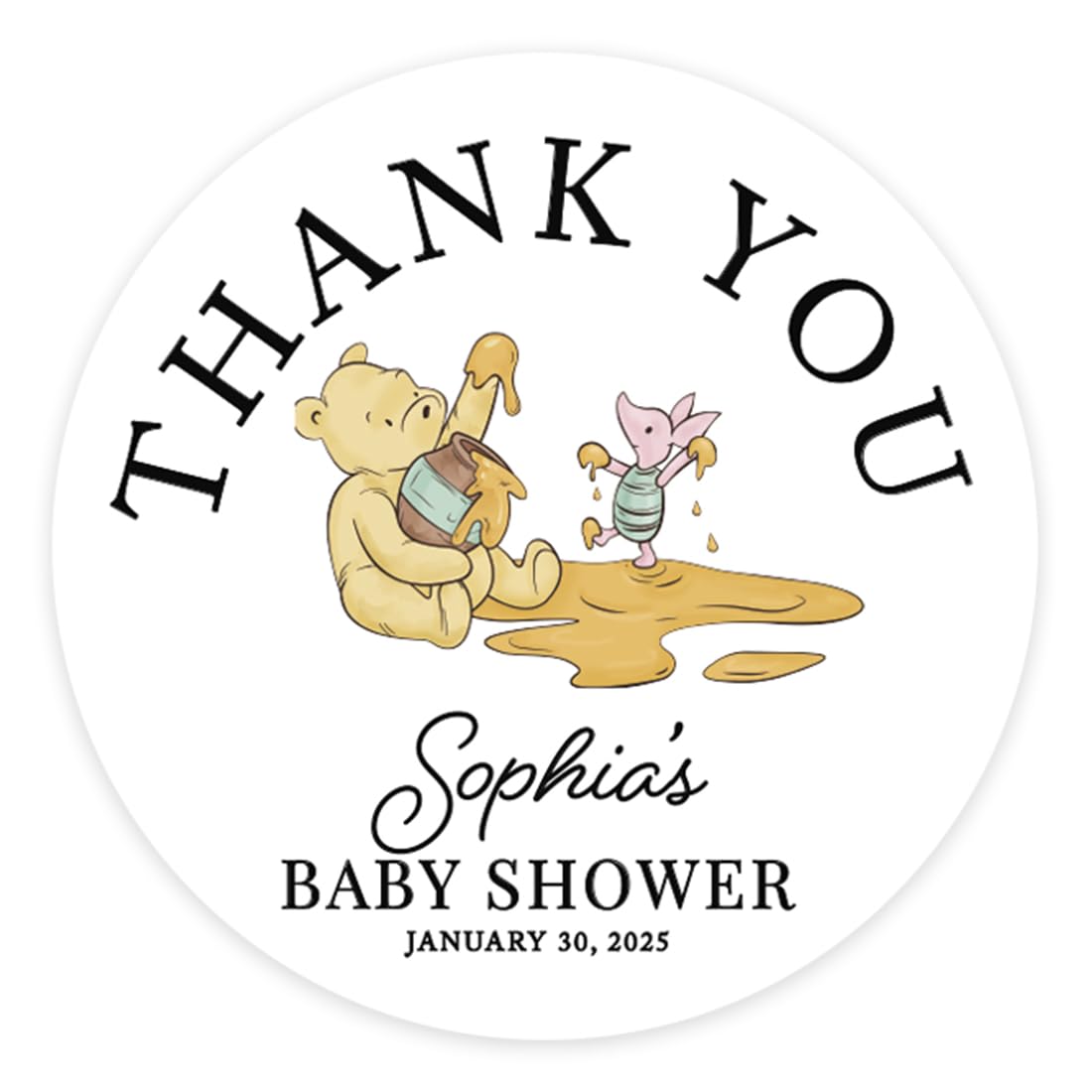 Andaz Press Personalized Classic Winnie the Pooh Baby Shower Decorations, 2 Inch Thank You Stickers, Baby Shower Stickers for Candy, Favors