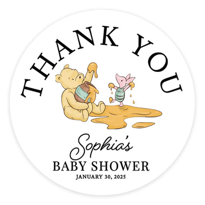Andaz Press Personalized Classic Winnie the Pooh Baby Shower Decorations, 2 Inch Thank You Stickers, Baby Shower Stickers for Candy, Favors