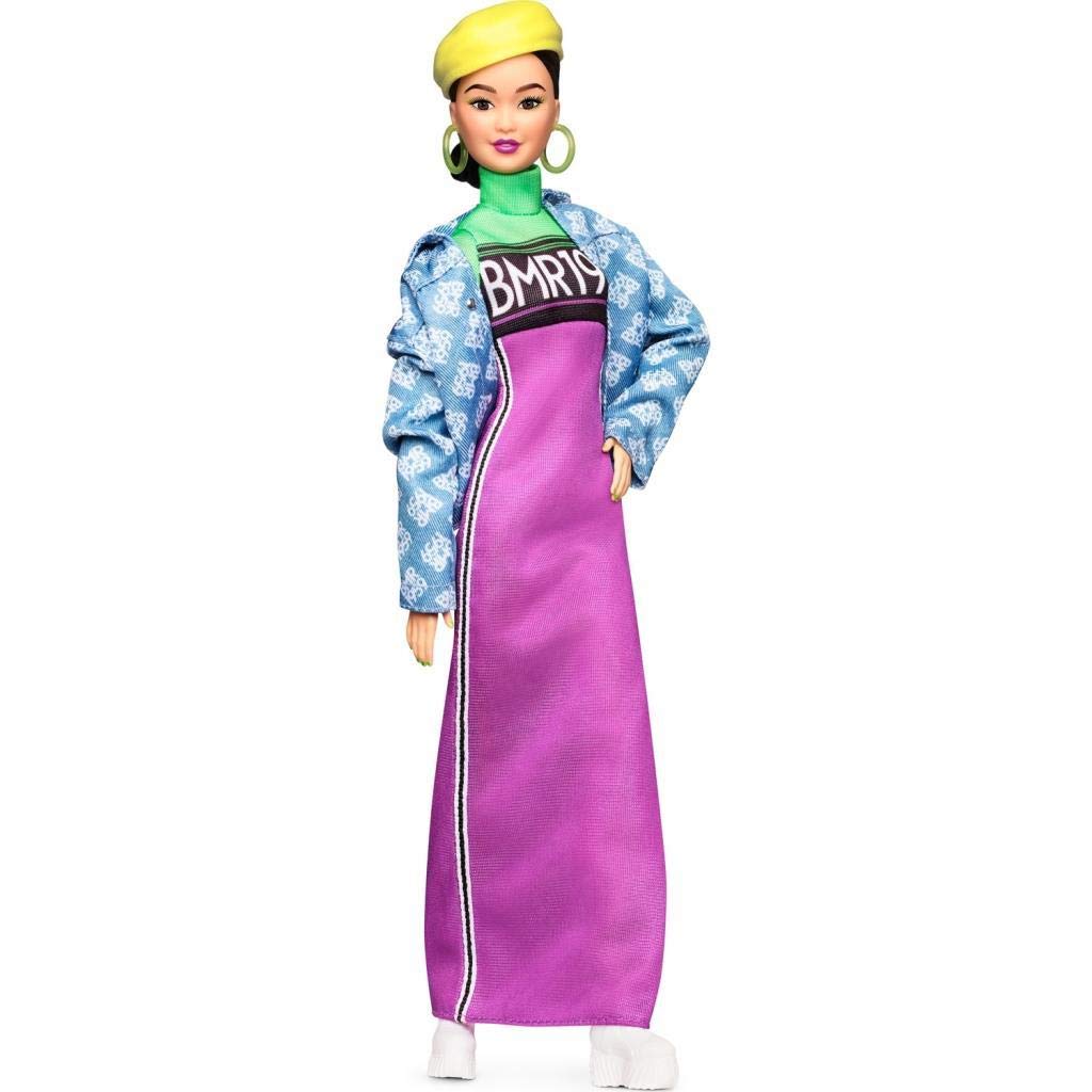 Barbie BMR1959 Fully Poseable Fashion Doll, Brunette, in Neon Motocross Dress, Denim Jacket and Beret, with Accessories and Doll Stand