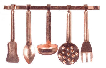Dolls House Miniature Kitchen Accessory Copper Hanging Utensils & Rack 5055