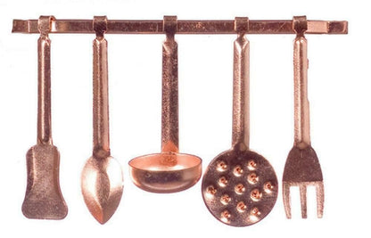 Dolls House Miniature Kitchen Accessory Copper Hanging Utensils & Rack 5055