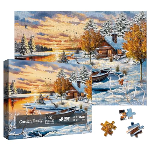 Winter Nature Landscape Puzzles for Adults 1000 Pieces, Pretty Sunset Lake House Tree Jigsaw Puzzles, Challenging Snow Scenic Cabin River Animal