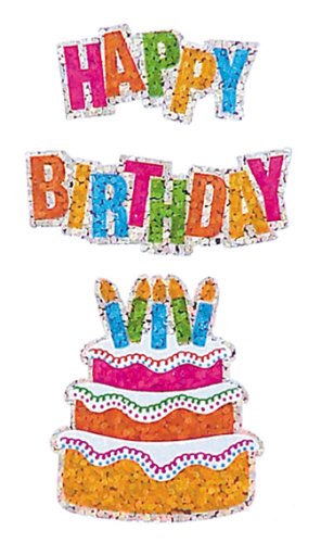 Bulk Roll Birthday Themed Prismatic Stickers, Happy Birthday with Cake - 50 Repeats
