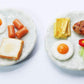 Miniature Food Plates Set of 2 - Hand-Sculpted Clay Bread, Sausage, Egg & Pork Steak on Ceramic Dishes - 1:6 Scale Dollhouse Accessories