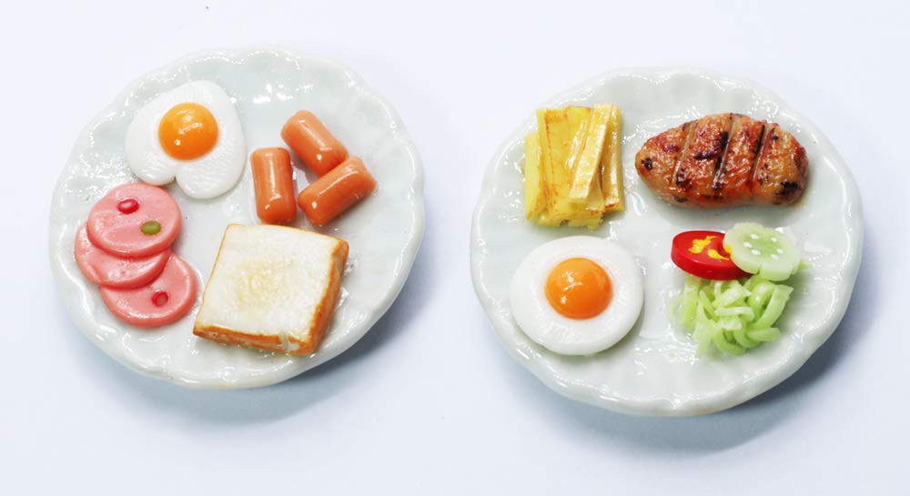 Miniature Food Plates Set of 2 - Hand-Sculpted Clay Bread, Sausage, Egg & Pork Steak on Ceramic Dishes - 1:6 Scale Dollhouse Accessories