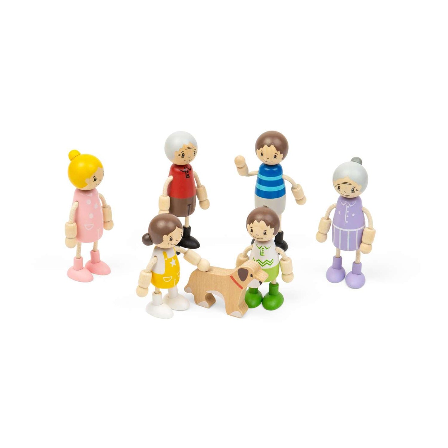 Bigjigs Toys Generational Family Dolls Set of 7 Wooden Dolls House, Small Toy Families, Children, Parents, Grandparents & Dog Figures for Dollhouse