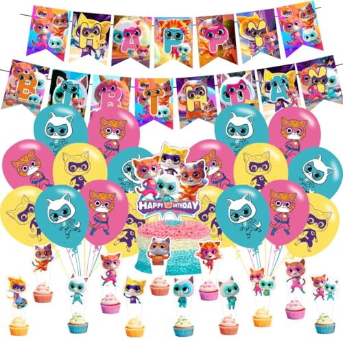 Super Cats Birthday Decorations, Super Cats Party Supplies Include Happy Birthday Banner, Cake Topper and Cupcake Toppers, Balloons for Kids Party